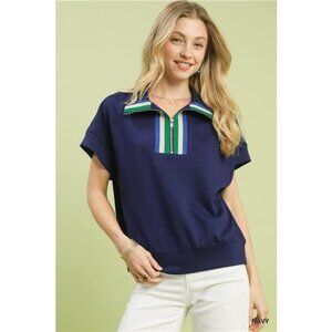 Umgee Striped Collared Neck Half-Zip Top